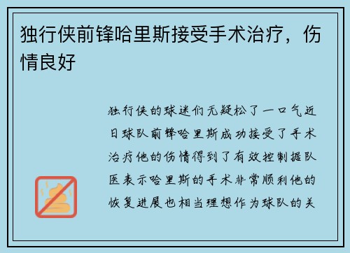 独行侠前锋哈里斯接受手术治疗，伤情良好