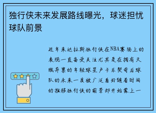 独行侠未来发展路线曝光，球迷担忧球队前景